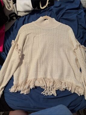 Zara Cream Textured Fringe Mock Neck Sweater